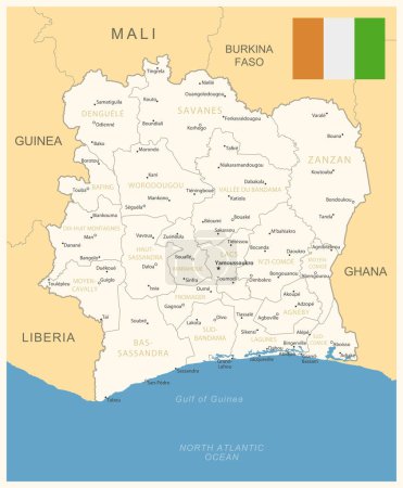 Côte d'Ivoire - carte détaillée avec divisions administratives et drapeau du pays. Illustration vectorielle