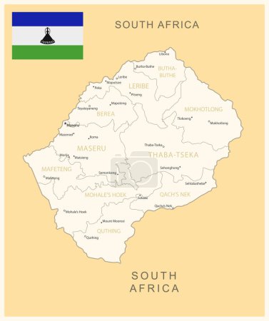 Téléchargez les illustrations : Lesotho - carte détaillée avec divisions administratives et drapeau du pays. Illustration vectorielle - en licence libre de droit