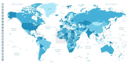 Carte du monde. Carte très détaillée du monde avec des frontières détaillées de tous les pays, villes, régions et plans d'eau dans des tons bleus. Illustration vectorielle