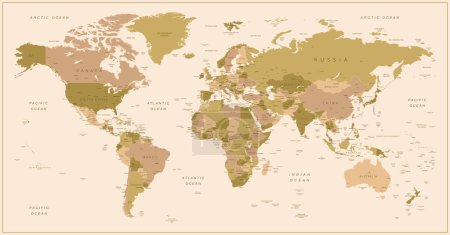 Carte du monde. Carte très détaillée du monde avec des frontières détaillées de tous les pays, villes et plans d'eau. Carte vectorielle en couleurs marron et vert.