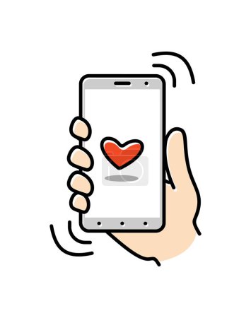 Illustration for Smartphone on hand. Thin line icon of mobile phone features, settings and apps. Vector linear icon for smartphone. Vector illustration. - Royalty Free Image