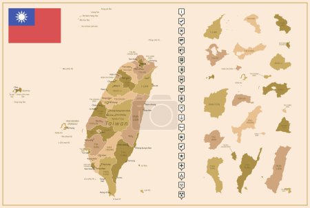 Taiwan - detaillierte Karte des Landes in braunen Farben, unterteilt in Regionen. Vektorillustration
