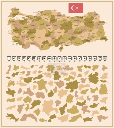 Illustration for Turkey - detailed map of the country in brown colors, divided into regions. Vector illustration - Royalty Free Image