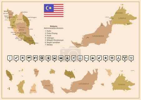 Malaysia - detaillierte Karte des Landes in braunen Farben, unterteilt in Regionen. Vektorillustration
