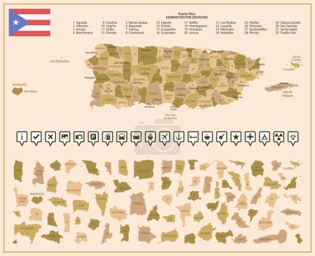 Porto Rico - carte détaillée du pays en couleurs brunes, divisée en régions. Illustration vectorielle