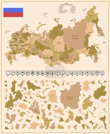 Russland - detaillierte Karte des Landes in braunen Farben, unterteilt in Regionen. Vektorillustration