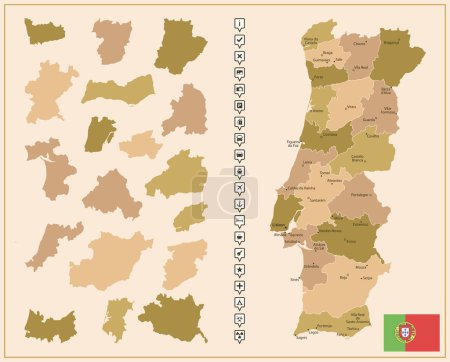 Illustration for Portugal - detailed map of the country in brown colors, divided into regions. Vector illustration - Royalty Free Image