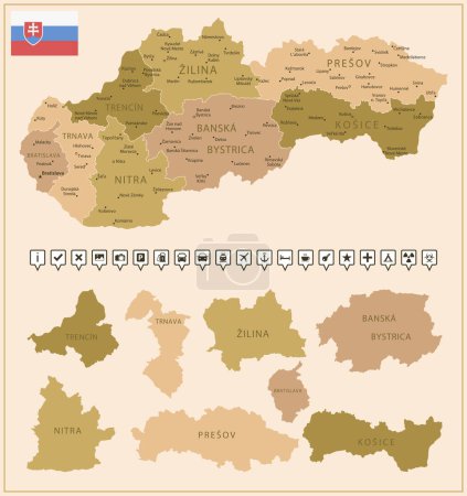 Illustration for Slovakia - detailed map of the country in brown colors, divided into regions. Vector illustration - Royalty Free Image