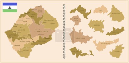 Téléchargez les illustrations : Lesotho - carte détaillée du pays en couleurs brunes, divisée en régions. Illustration vectorielle - en licence libre de droit