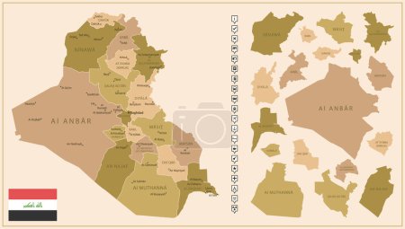 Ilustración de Irak - mapa detallado del país en colores marrones, dividido en regiones. Ilustración vectorial - Imagen libre de derechos