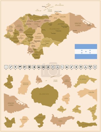Ilustración de Hondura - mapa detallado del país en colores marrones, dividido en regiones. Ilustración vectorial - Imagen libre de derechos