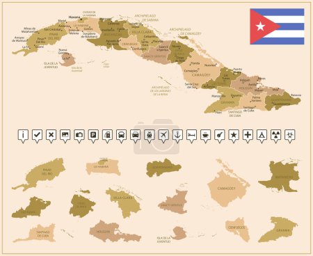 Ilustración de Cuba - mapa detallado del país en colores marrones, dividido en regiones. Ilustración vectorial - Imagen libre de derechos