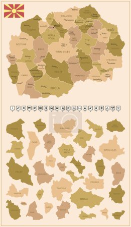 Téléchargez les illustrations : Macédoine - carte détaillée du pays en couleurs brunes, divisée en régions. Illustration vectorielle - en licence libre de droit