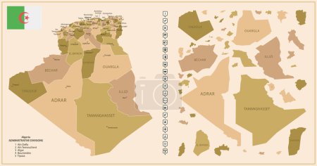 Illustration pour Algérie - carte détaillée du pays en couleurs brunes, divisée en régions. Illustration vectorielle - image libre de droit