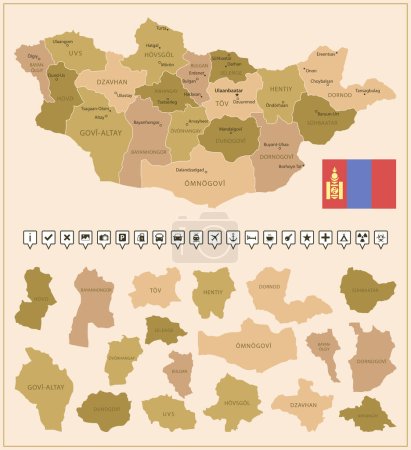 Illustration for Mongolia - detailed map of the country in brown colors, divided into regions. Vector illustration - Royalty Free Image