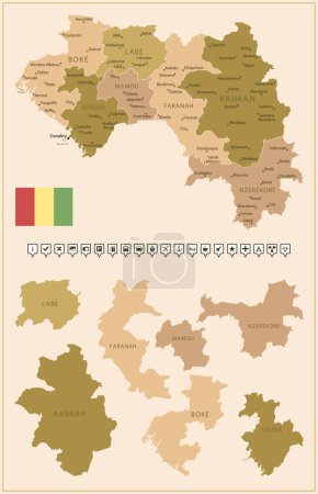 Ilustración de Guinea mapa detallado del país en colores marrones, dividido en regiones. Ilustración vectorial - Imagen libre de derechos