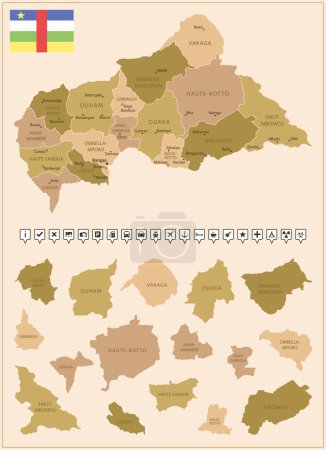 Ilustración de República Centroafricana mapa detallado del país en colores marrones, dividido en regiones. Ilustración vectorial - Imagen libre de derechos