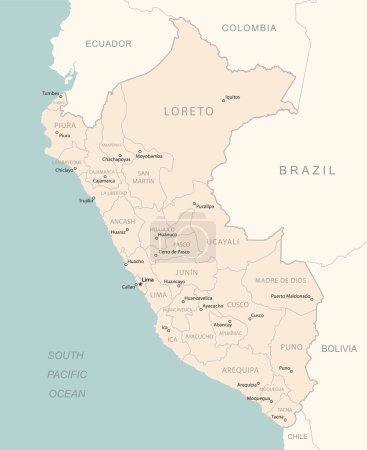 Téléchargez les illustrations : Pérou - carte détaillée avec les divisions administratives pays. Illustration vectorielle - en licence libre de droit