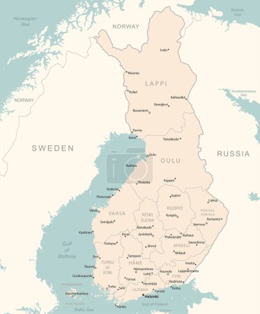 Ilustración de Finlandia: mapa detallado con las divisiones administrativas del país. Ilustración vectorial - Imagen libre de derechos