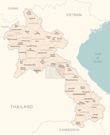 Ilustración de Laos - mapa detallado con las divisiones administrativas país. Ilustración vectorial - Imagen libre de derechos