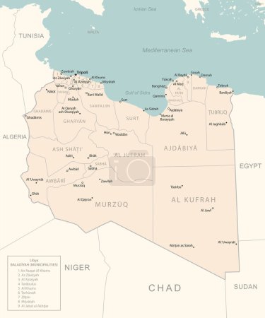 Illustration pour Libye carte détaillée avec les divisions administratives pays. Illustration vectorielle - image libre de droit