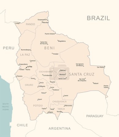 Téléchargez les illustrations : Bolivie - carte détaillée avec les divisions administratives pays. Illustration vectorielle - en licence libre de droit
