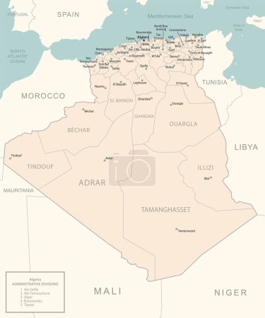 Ilustración de Argelia mapa detallado con las divisiones administrativas país. Ilustración vectorial - Imagen libre de derechos