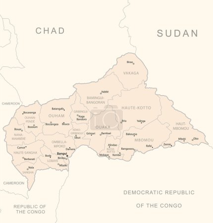 Ilustración de República Centroafricana mapa detallado con las divisiones administrativas país. Ilustración vectorial - Imagen libre de derechos