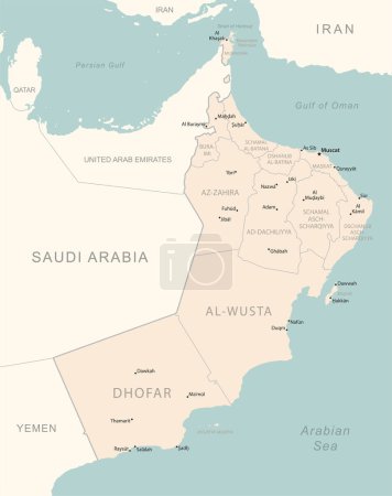 Téléchargez les illustrations : Oman - carte détaillée avec les divisions administratives pays. Illustration vectorielle - en licence libre de droit