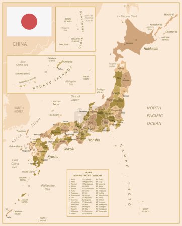 Japon - carte vintage du pays en couleurs brun-vert. Illustration vectorielle