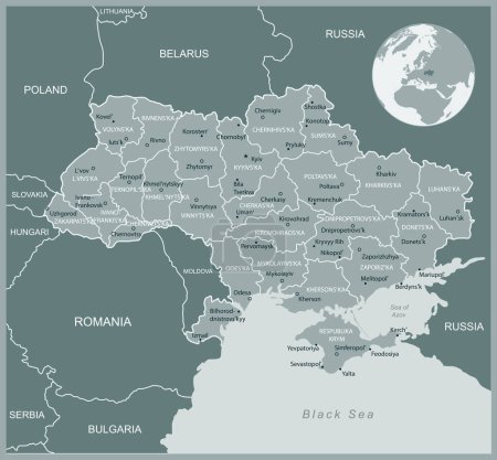 Ucrania - mapa detallado con las divisiones administrativas país. Ilustración vectorial