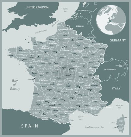 Frankreich - Detailkarte mit administrativen Einteilungen Land. Vektorillustration