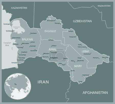 Turkmenistán - mapa detallado con las divisiones administrativas país. Ilustración vectorial