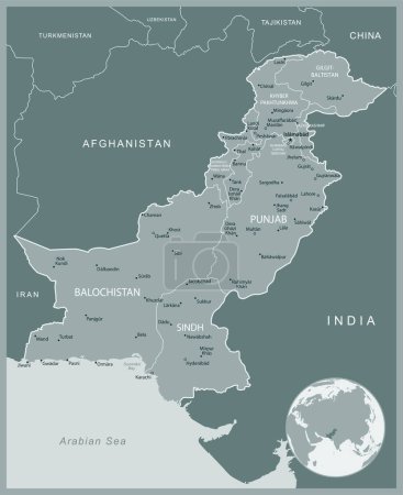 Téléchargez les illustrations : Pakistan - carte détaillée avec les divisions administratives pays. Illustration vectorielle - en licence libre de droit
