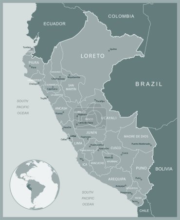 Pérou - carte détaillée avec les divisions administratives pays. Illustration vectorielle