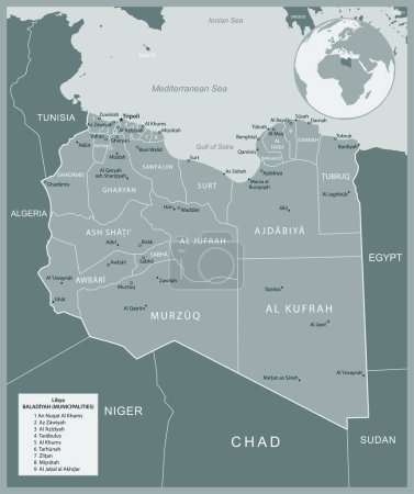 Libia - mapa detallado con las divisiones administrativas país. Ilustración vectorial