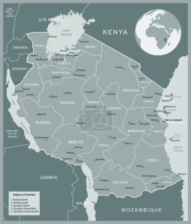Tansania - Detailkarte mit administrativen Einteilungen Land. Vektorillustration