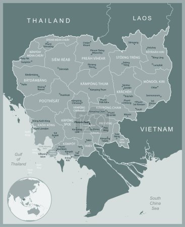 Camboya - mapa detallado con las divisiones administrativas país. Ilustración vectorial