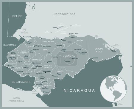 Téléchargez les illustrations : Honduras - carte détaillée avec les divisions administratives pays. Illustration vectorielle - en licence libre de droit