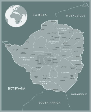 Zimbabwe - carte détaillée avec les divisions administratives pays. Illustration vectorielle
