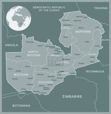 Zambia - mapa detallado con las divisiones administrativas país. Ilustración vectorial