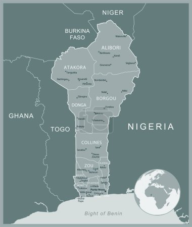 Benín - mapa detallado con las divisiones administrativas país. Ilustración vectorial