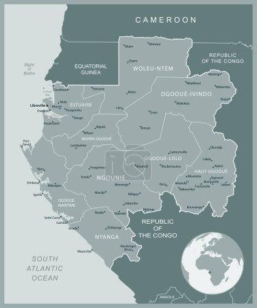 Gabón - mapa detallado con las divisiones administrativas país. Ilustración vectorial