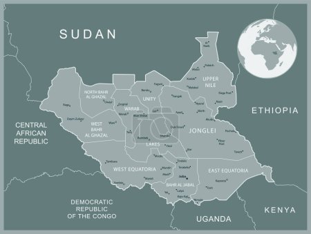 Soudan du Sud carte détaillée avec les divisions administratives pays. Illustration vectorielle