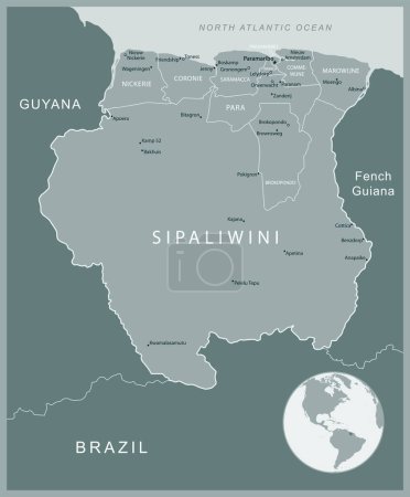 Surinam - mapa detallado con las divisiones administrativas país. Ilustración vectorial