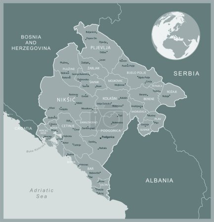 Monténégro - carte détaillée avec les divisions administratives pays. Illustration vectorielle