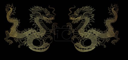 Illustration for Japanese red dragon tattoo.Dragon on red background for Chinese New Year.Gold Chinese Dragon vector.Gold line art King Dragon tattoo.cartoon vector for t-shirt. - Royalty Free Image