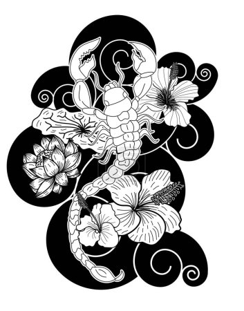 Illustration for Scorpion tattoo with flower Japanese style.Design For Print a T-Shirt.Hibiscus flower with cherry blossom and lotus tattoo.Zodiac sign of Scorpio. - Royalty Free Image