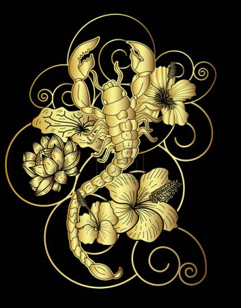 Illustration for Scorpion tattoo with flower Japanese style.Design For Print a T-Shirt.Hibiscus flower with cherry blossom and lotus tattoo.Zodiac sign of Scorpio. - Royalty Free Image