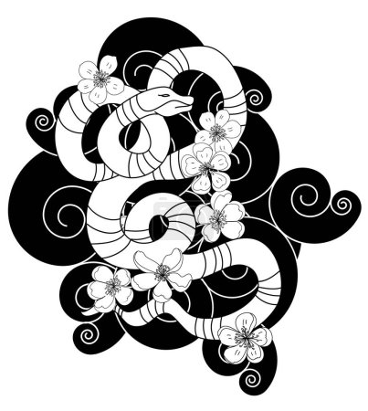 Ilustración de Red snake vector and Cherry flower spring season vector illustration background.Poster design Red snake Reptile and Sakura flower for printing and tattoo. - Imagen libre de derechos